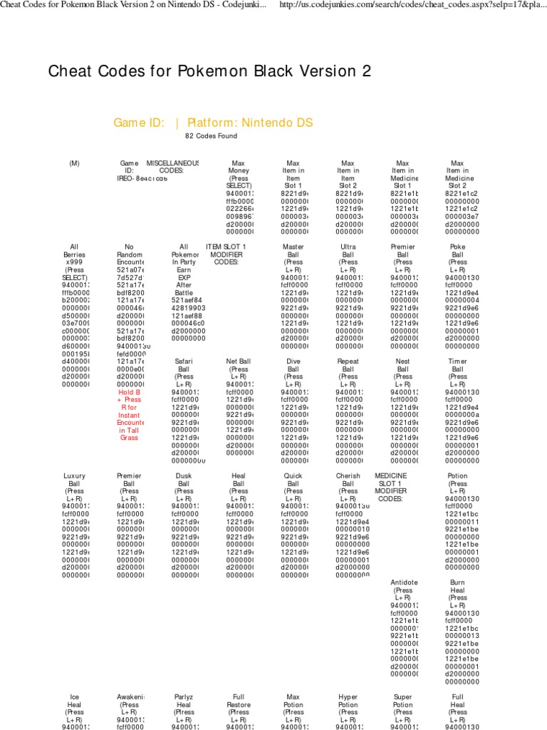 Cheat Codes For Pokemon Black Version 2 On Nintendo DS - Codejunkies US, PDF, Nintendo